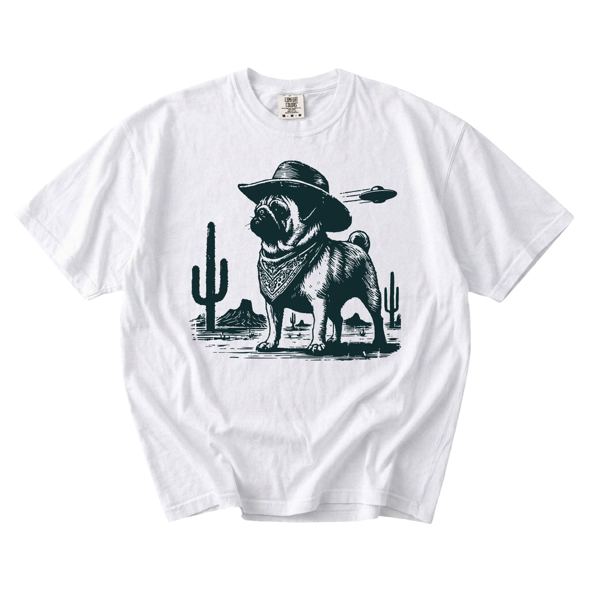 Western UFO design — hand-drawn Pug desert tee