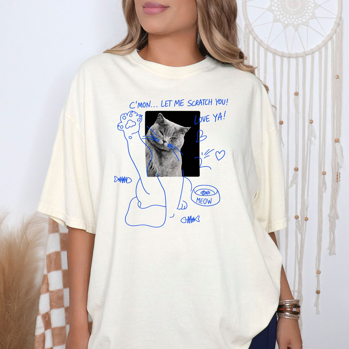Custom Funny Cat Portrait T-Shirt — on model