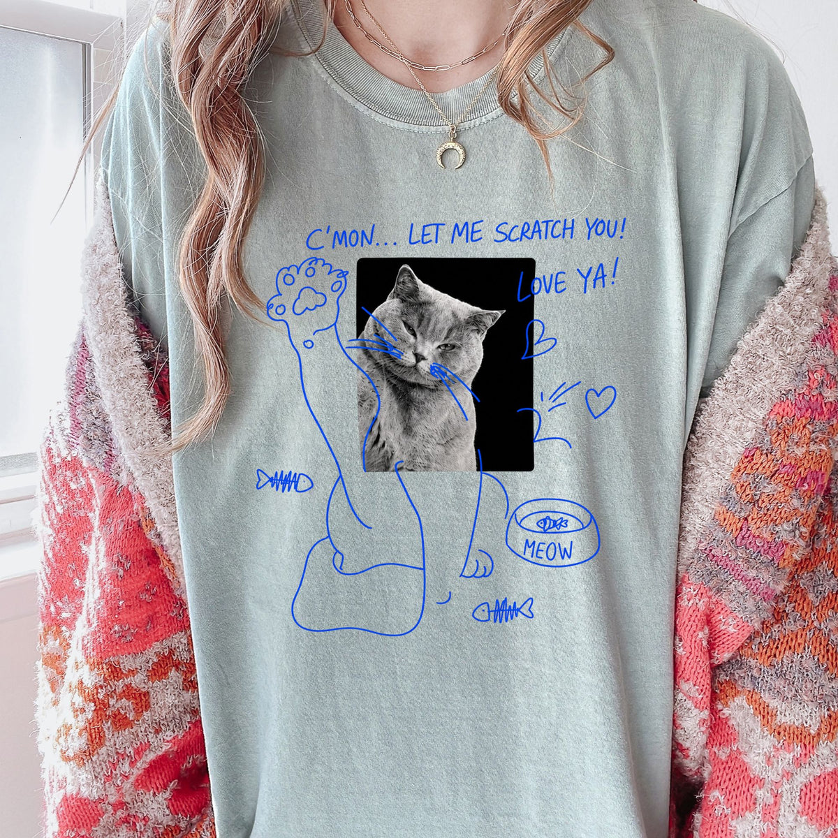 Custom Funny Cat Portrait T-Shirt — on model