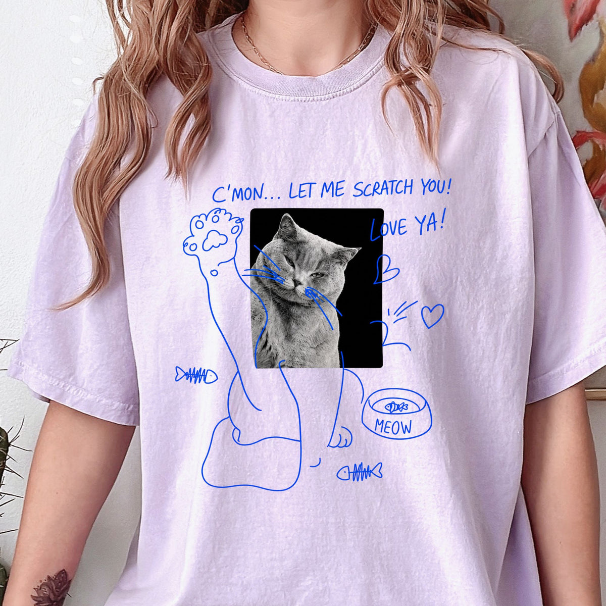 Custom Funny Cat Portrait T-Shirt — on model