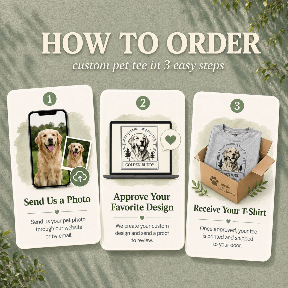 How to order — custom pet tee in 3 easy steps