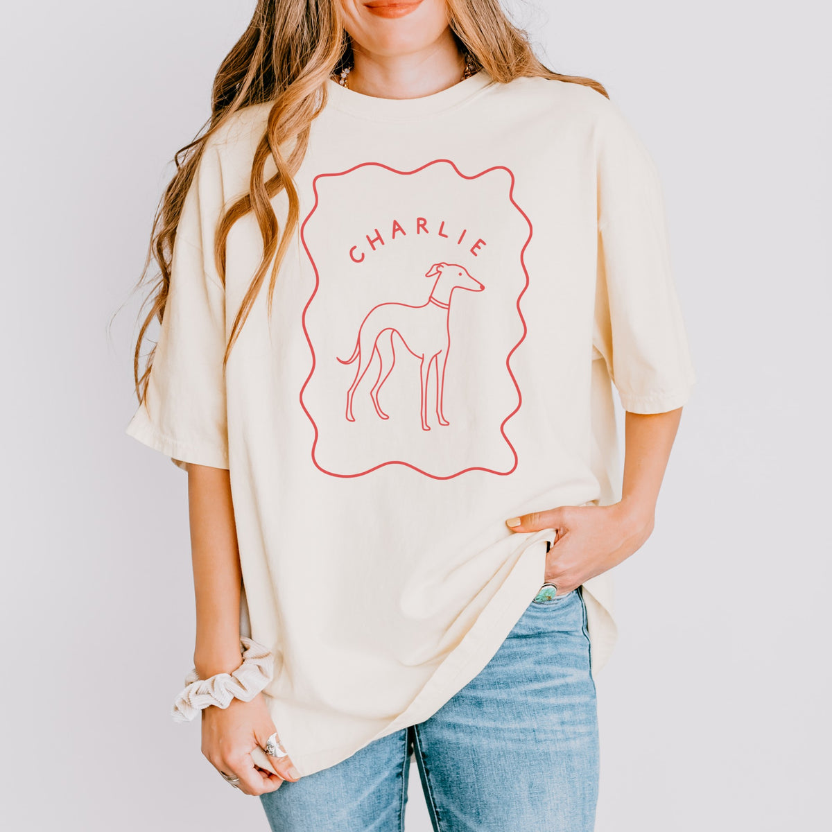 Custom Doodle pet portrait tee on model