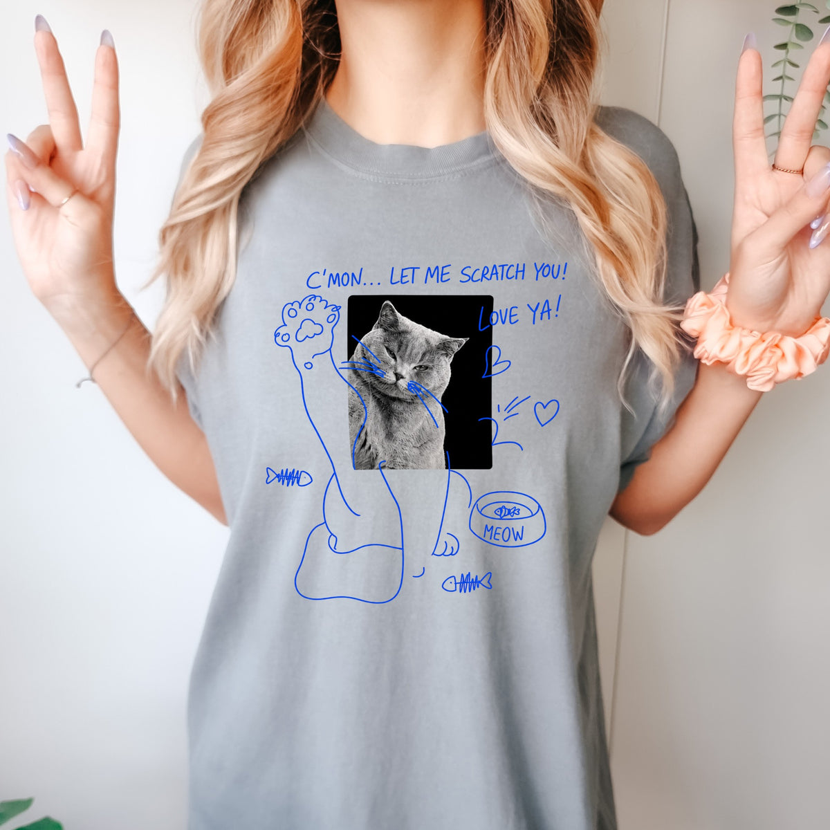 Custom Funny Cat portrait tee on model
