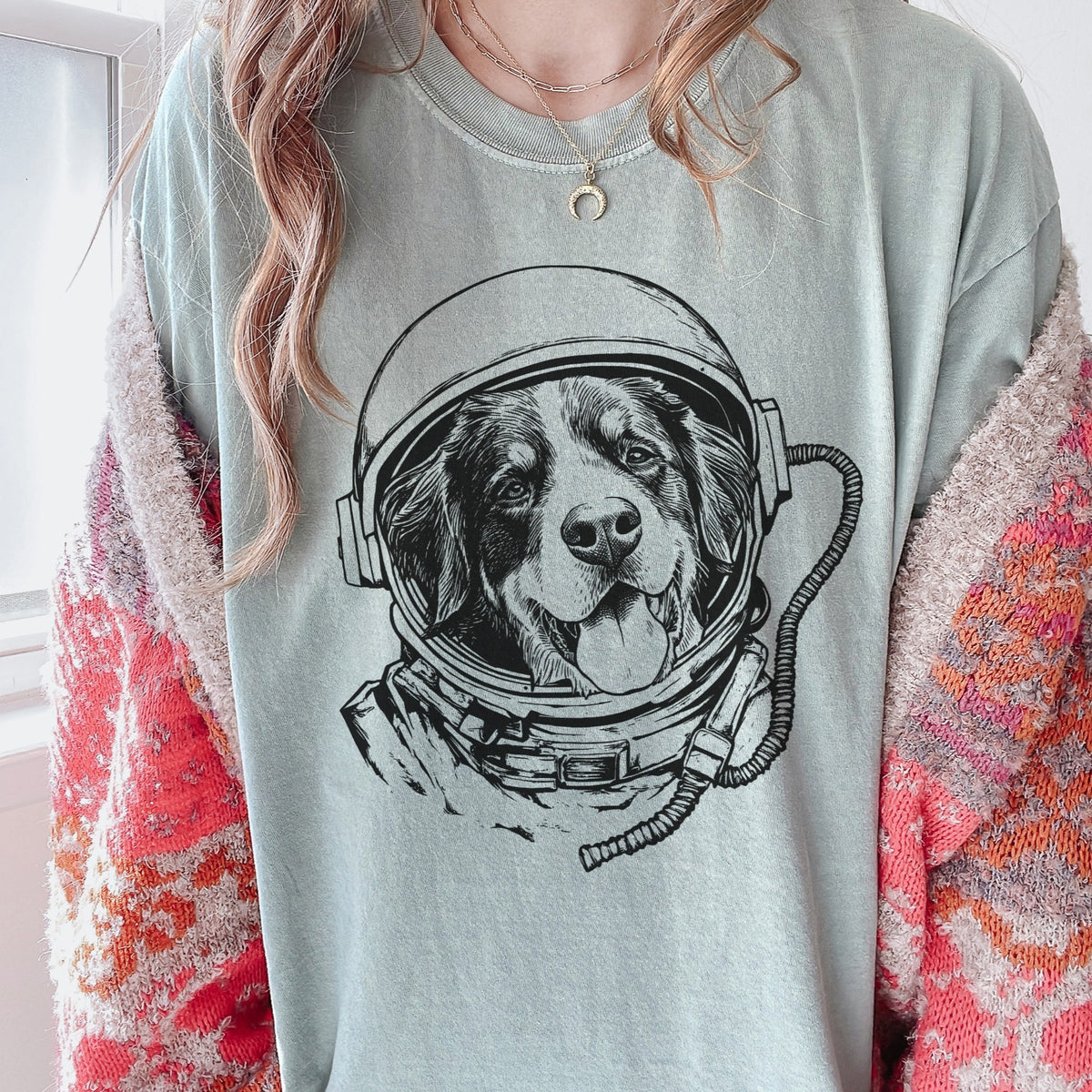 Custom Space pet portrait tee on model