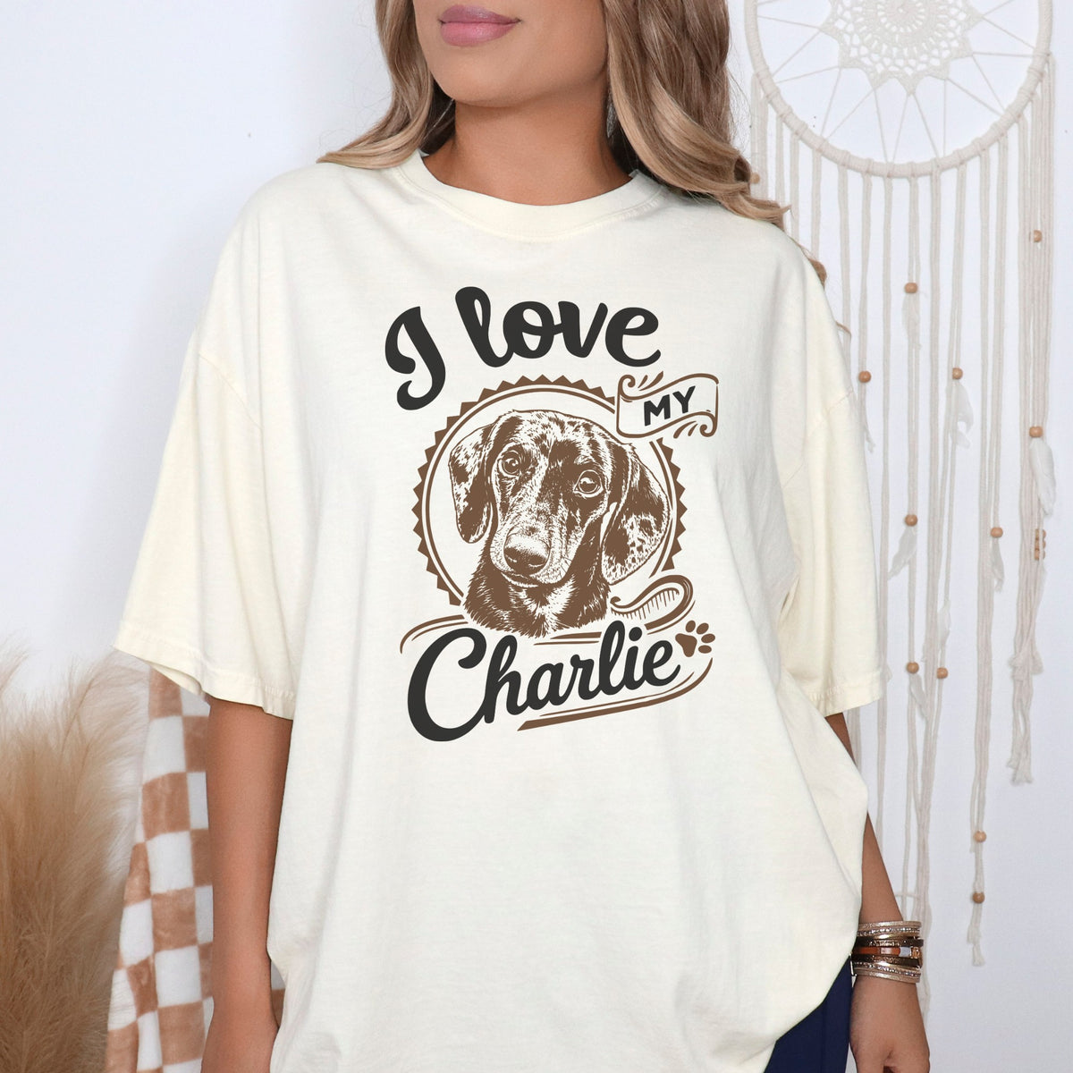Custom Vintage pet portrait tee on model
