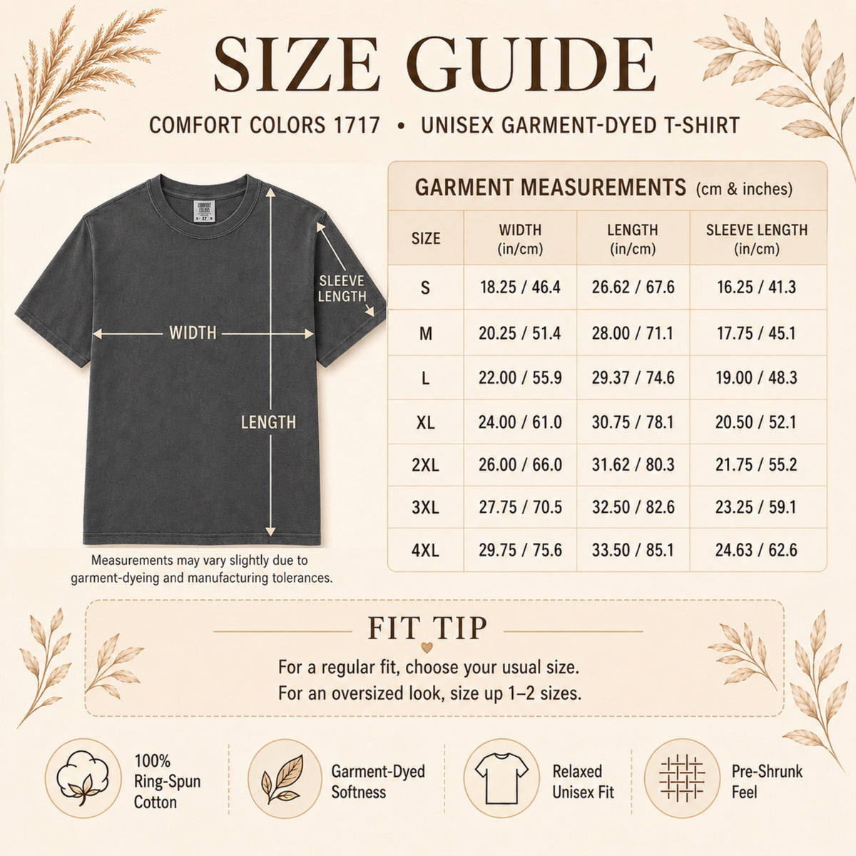 Comfort Colors 1717 unisex t-shirt size guide, sizes S to 4XL