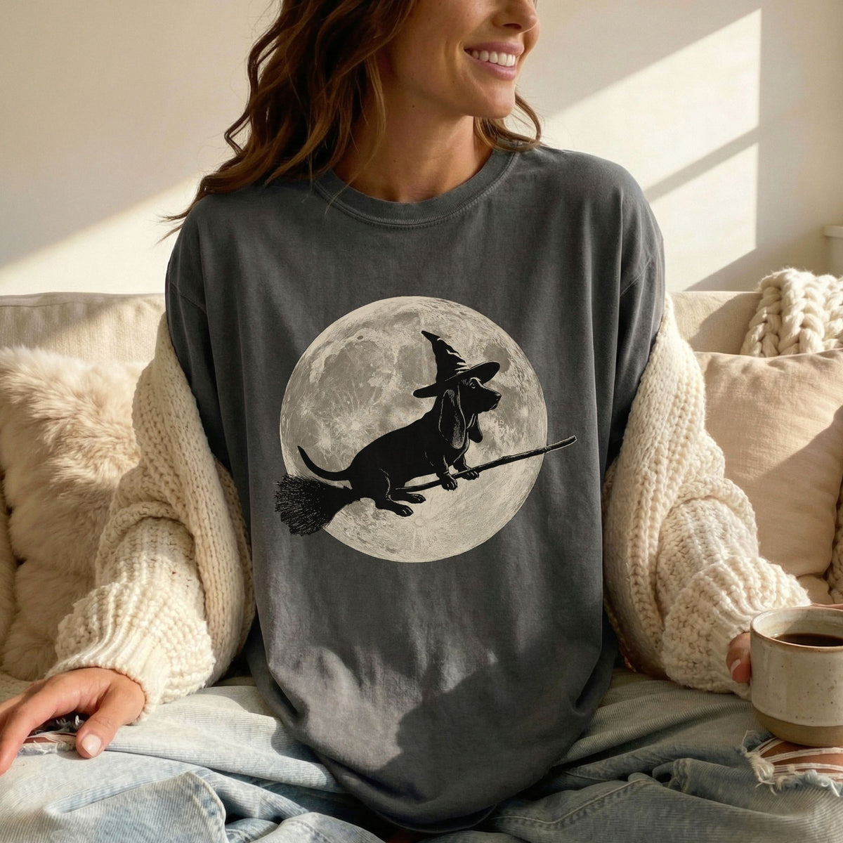 Basset Hound moon witch t-shirt