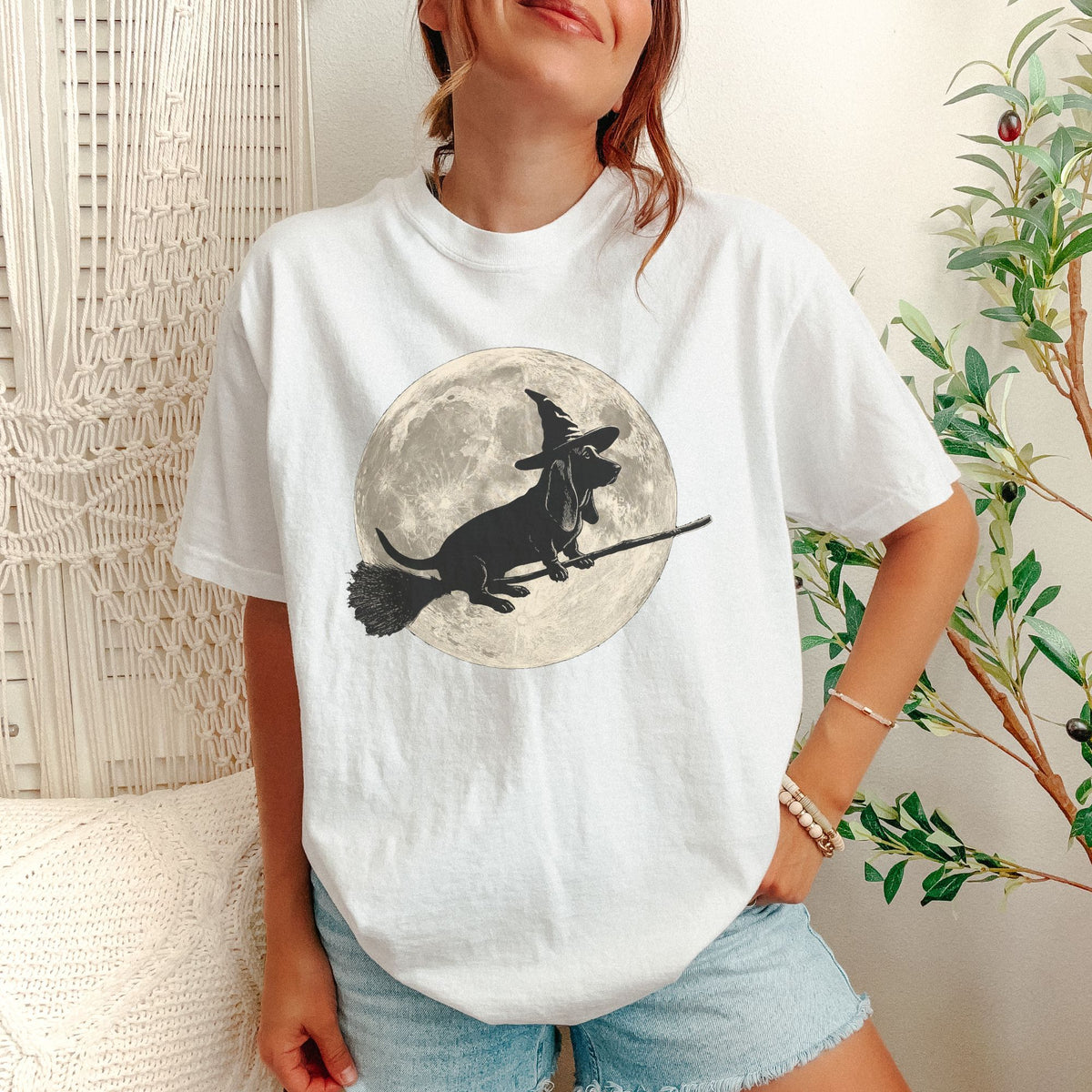 Basset Hound moon witch t-shirt
