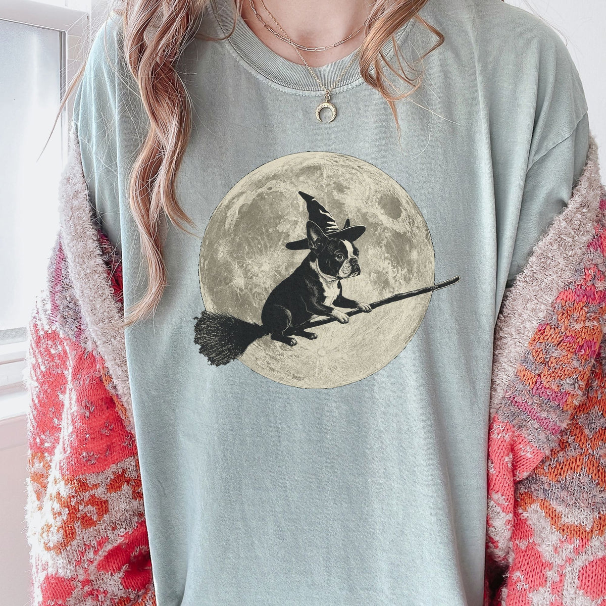 Boston Terrier moon witch t-shirt