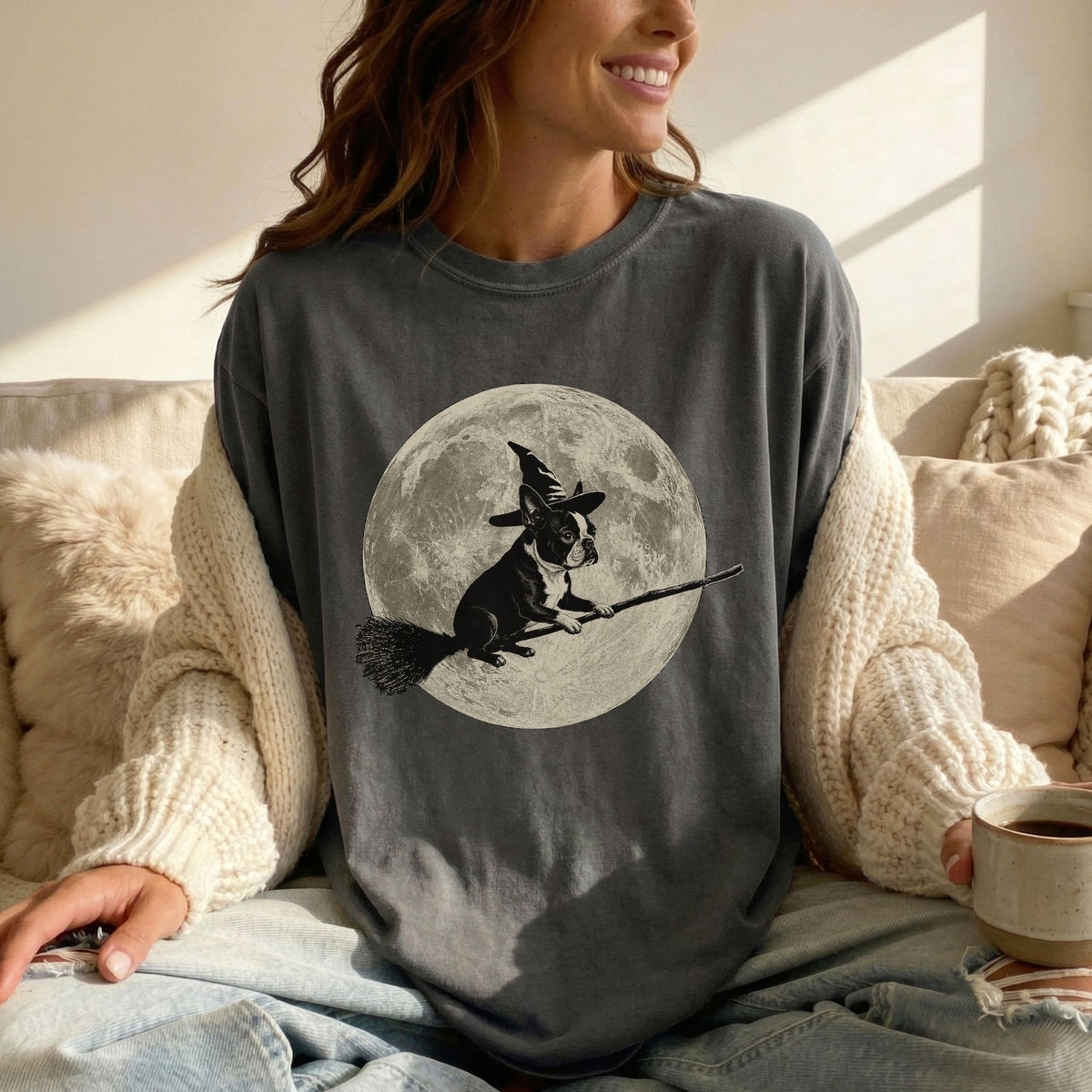 Boston Terrier moon witch t-shirt