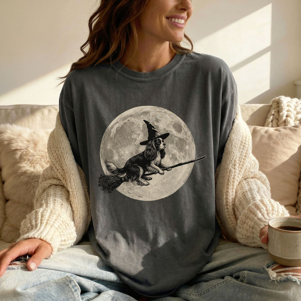 Cavalier King Charles Spaniel moon witch t-shirt